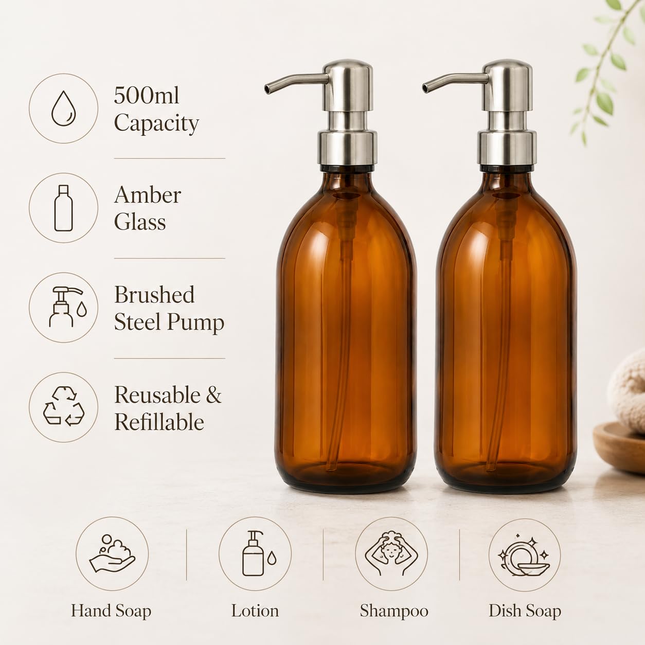 Amazon｜アンバーガラスボトル 500ml ソープディスペンサー メタル